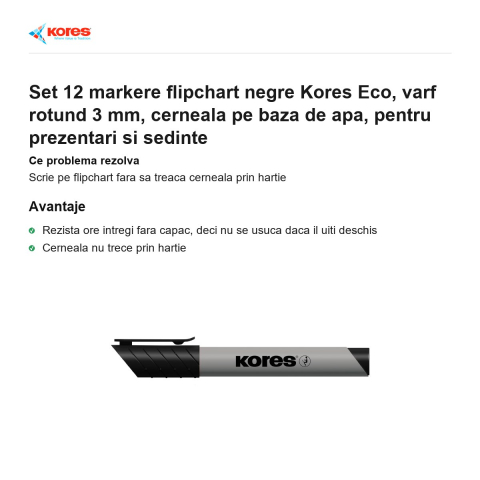 Set 12 markere flipchart negre Kores Eco, varf rotund 3 mm, cerneala pe baza de apa, pentru prezentari si sedinte [1]