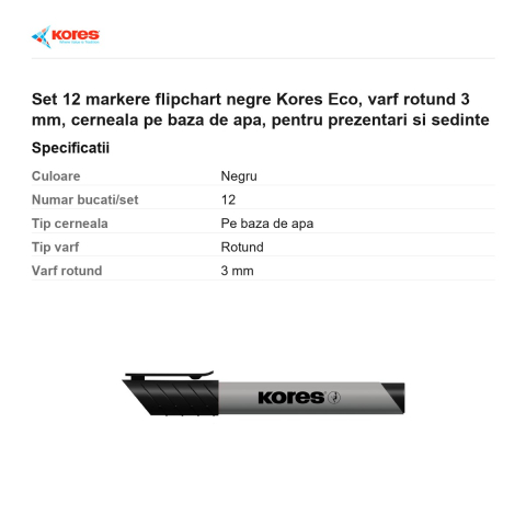 Set 12 markere flipchart negre Kores Eco, varf rotund 3 mm, cerneala pe baza de apa, pentru prezentari si sedinte [2]
