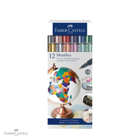 Birotica papetarie - Set 12 markere metalice Faber-Castell, efect metalic nobil, pentru suprafete inchise si lucioase