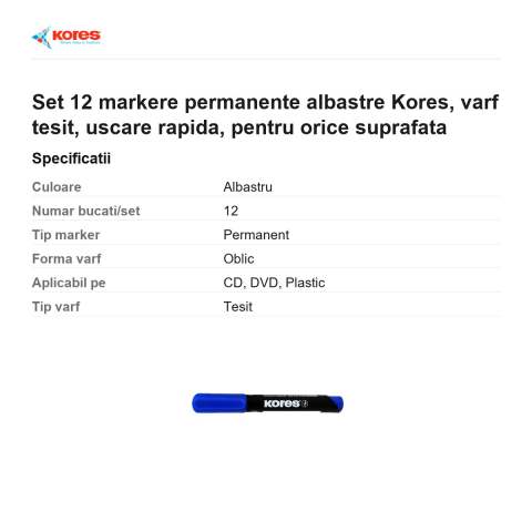 Set 12 markere permanente albastre Kores, varf tesit, uscare rapida, pentru orice suprafata [2]