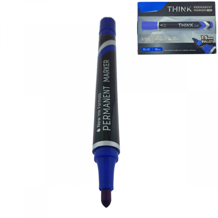Marker permanent - Set 12 markere permanente albastre, THINK U100, cu varf rotund 1.5MM, pentru scris pe orice suprafata
