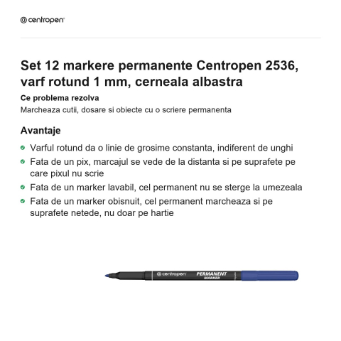 Set 12 markere permanente Centropen 2536, varf rotund 1 mm, cerneala albastra [1]
