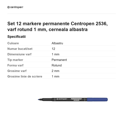 Set 12 markere permanente Centropen 2536, varf rotund 1 mm, cerneala albastra [2]