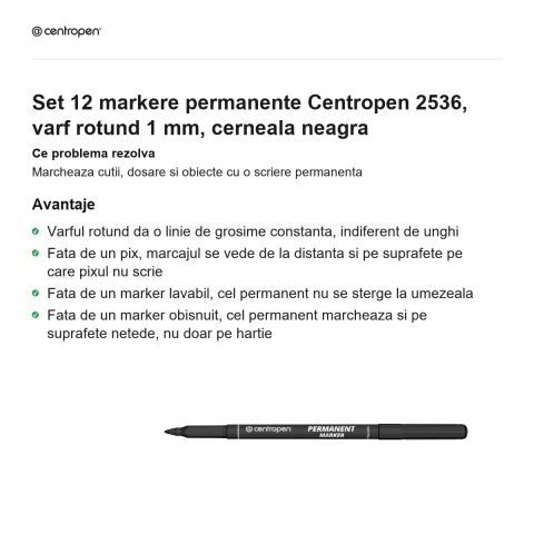 Set 12 markere permanente Centropen 2536, varf rotund 1 mm, cerneala neagra [1]