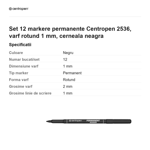 Set 12 markere permanente Centropen 2536, varf rotund 1 mm, cerneala neagra [2]