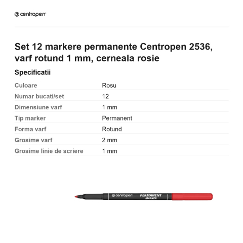 Set 12 markere permanente Centropen 2536, varf rotund 1 mm, cerneala rosie [2]