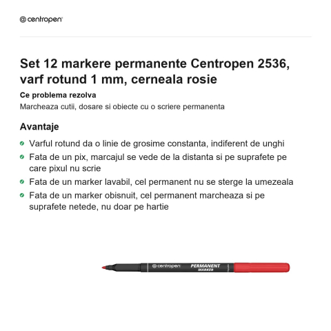 Set 12 markere permanente Centropen 2536, varf rotund 1 mm, cerneala rosie [1]