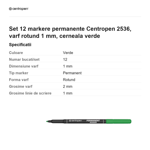 Set 12 markere permanente Centropen 2536, varf rotund 1 mm, cerneala verde [2]
