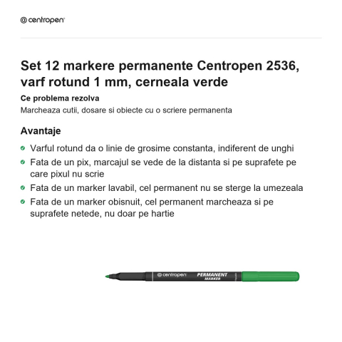 Set 12 markere permanente Centropen 2536, varf rotund 1 mm, cerneala verde [1]