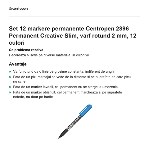 Set 12 markere permanente Centropen 2896 Permanent Creative Slim, varf rotund 2 mm, 12 culori [1]