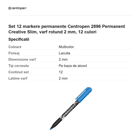 Set 12 markere permanente Centropen 2896 Permanent Creative Slim, varf rotund 2 mm, 12 culori [2]