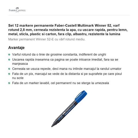 Set 12 markere permanente Faber-Castell Multimark Winner 52, varf rotund 2,8 mm, cerneala rezistenta la apa, cu uscare rapida, pentru lemn, metal, sticla, plastic si carton, fara clip, albastru [1]