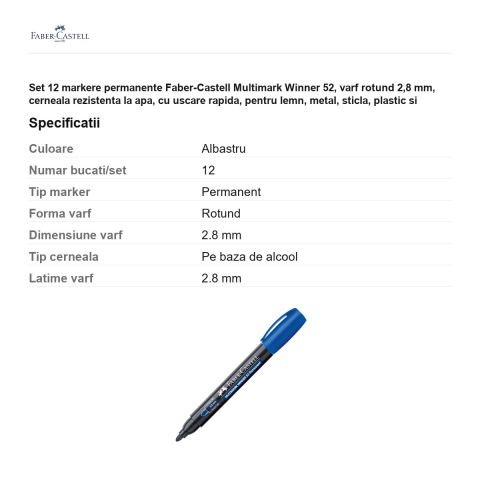 Set 12 markere permanente Faber-Castell Multimark Winner 52, varf rotund 2,8 mm, cerneala rezistenta la apa, cu uscare rapida, pentru lemn, metal, sticla, plastic si carton, fara clip, albastru [2]