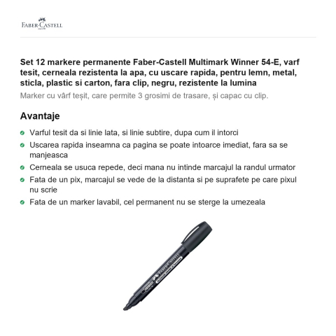 Set 12 markere permanente Faber-Castell Multimark Winner 54-E, varf tesit, cerneala rezistenta la apa, cu uscare rapida, pentru lemn, metal, sticla, plastic si carton, fara clip, negru [1]