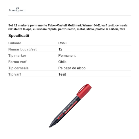 Set 12 markere permanente Faber-Castell Multimark Winner 54-E, varf tesit, cerneala rezistenta la apa, cu uscare rapida, pentru lemn, metal, sticla, plastic si carton, fara clip, rosu [2]