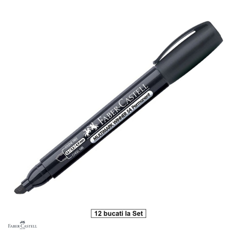 Instrumente de scris - Set 12 markere permanente Faber-Castell Multimark Winner 54-E, varf tesit, cerneala rezistenta la apa, cu uscare rapida, pentru lemn, metal, sticla, plastic si carton, fara clip, negru