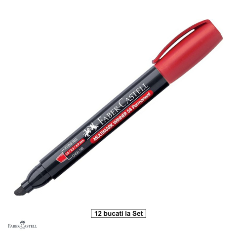 Instrumente de scris - Set 12 markere permanente Faber-Castell Multimark Winner 54-E, varf tesit, cerneala rezistenta la apa, cu uscare rapida, pentru lemn, metal, sticla, plastic si carton, fara clip, rosu