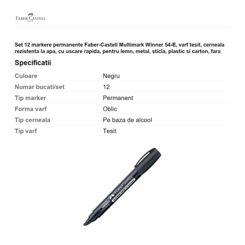 Set 12 markere permanente Faber-Castell Multimark Winner 54-E, varf tesit, cerneala rezistenta la apa, cu uscare rapida, pentru lemn, metal, sticla, plastic si carton, fara clip, negru [2]