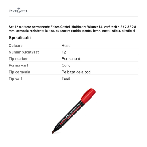 Set 12 markere permanente Faber-Castell Multimark Winner 54, varf tesit 1,6 / 2,3 / 2,8 mm, cerneala rezistenta la apa, cu uscare rapida, pentru lemn, metal, sticla, plastic si carton, rosu [2]