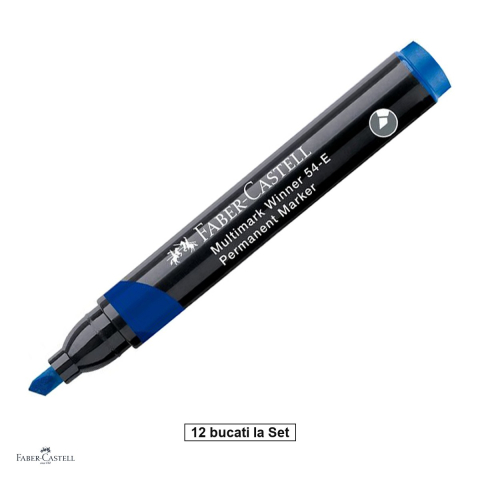 Instrumente de scris - Set 12 markere permanente Faber-Castell Multimark Winner 54, varf tesit, cerneala rezistenta la apa, cu uscare rapida, pentru lemn, metal, sticla, plastic si carton, albastru