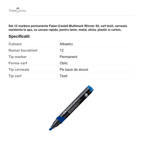 Set 12 markere permanente Faber-Castell Multimark Winner 54, varf tesit, cerneala rezistenta la apa, cu uscare rapida, pentru lemn, metal, sticla, plastic si carton, albastru [2]