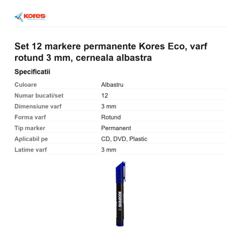 Set 12 markere permanente Kores Eco, varf rotund 3 mm, cerneala albastra [2]