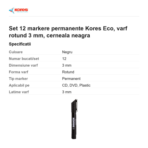 Set 12 markere permanente Kores Eco, varf rotund 3 mm, cerneala neagra [2]