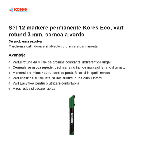 Set 12 markere permanente Kores Eco, varf rotund 3 mm, cerneala verde [1]