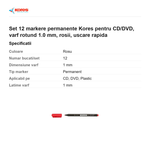 Set 12 markere permanente Kores pentru CD/DVD, varf rotund 1.0 mm, rosii, uscare rapida [2]