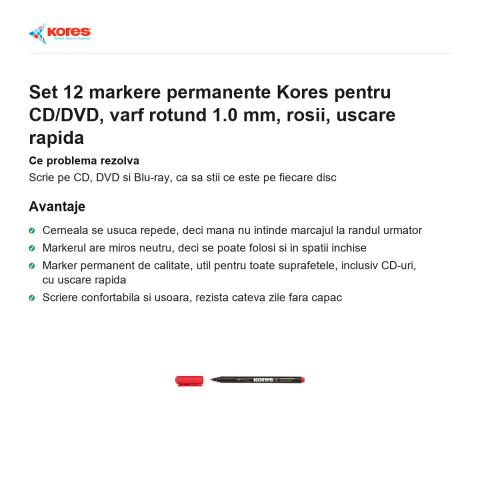 Set 12 markere permanente Kores pentru CD/DVD, varf rotund 1.0 mm, rosii, uscare rapida [1]