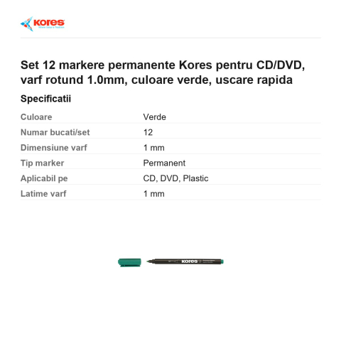 Set 12 markere permanente Kores pentru CD/DVD, varf rotund 1.0mm, culoare verde, uscare rapida [2]