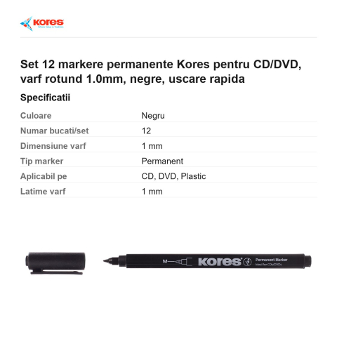 Set 12 markere permanente Kores pentru CD/DVD, varf rotund 1.0mm, negre, uscare rapida [2]