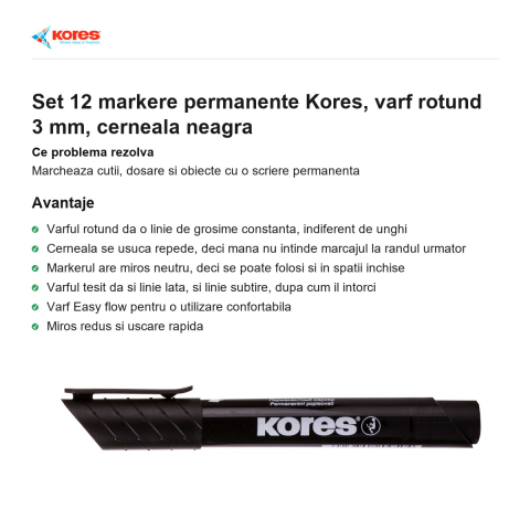 Set 12 markere permanente Kores, varf rotund 3 mm, cerneala neagra [1]