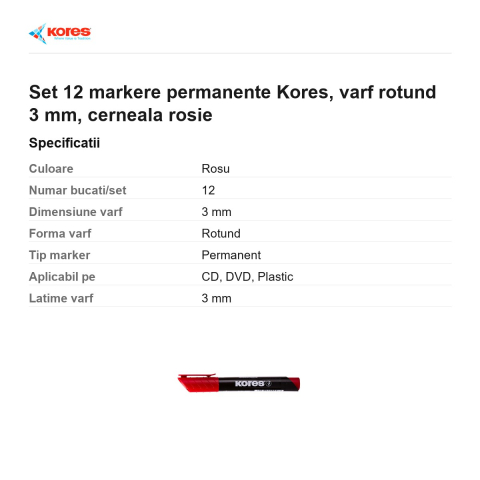 Set 12 markere permanente Kores, varf rotund 3 mm, cerneala rosie [2]