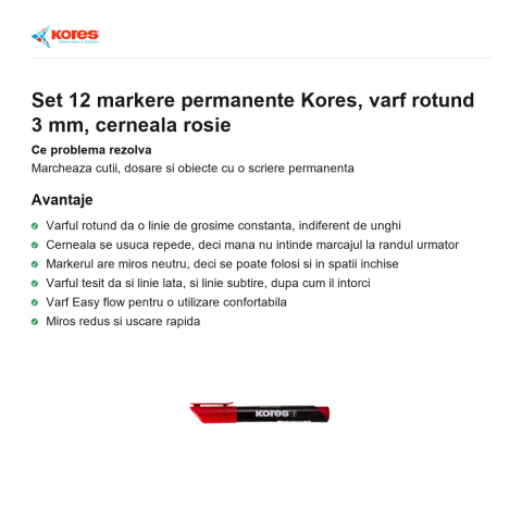 Set 12 markere permanente Kores, varf rotund 3 mm, cerneala rosie [1]