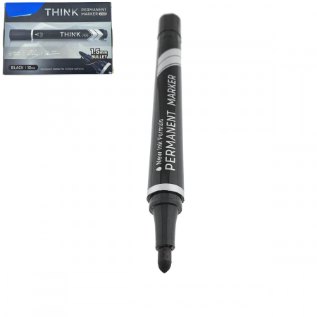 Marker permanent - Set 12 markere permanente negre, THINK U100, cu varf rotund 1.5MM, pentru scris pe orice suprafata