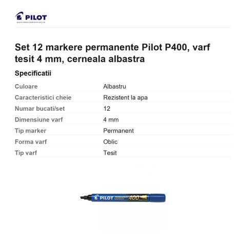 Set 12 markere permanente Pilot P400, varf tesit 4 mm, cerneala albastra [2]