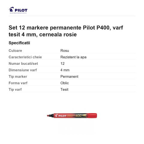 Set 12 markere permanente Pilot P400, varf tesit 4 mm, cerneala rosie [2]