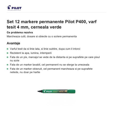 Set 12 markere permanente Pilot P400, varf tesit 4 mm, cerneala verde [1]