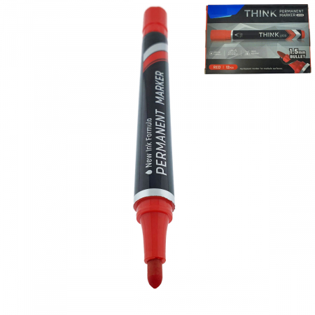 Marker permanent - Set 12 markere permanente rosii, THINK U100, cu varf rotund 1.5MM, pentru scris pe orice suprafata