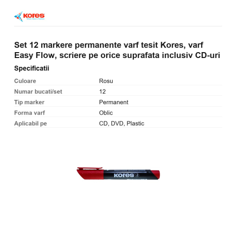 Set 12 markere permanente varf tesit Kores, varf Easy Flow, scriere pe orice suprafata inclusiv CD-uri [2]