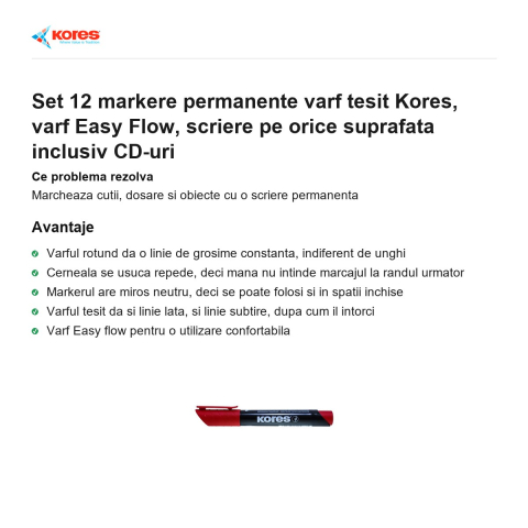Set 12 markere permanente varf tesit Kores, varf Easy Flow, scriere pe orice suprafata inclusiv CD-uri [1]