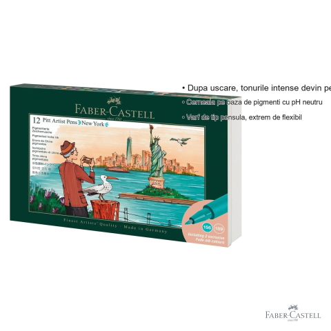 Set 12 markere Pitt Artist Pen Faber-Castell, varf pensula flexibil, editie Cities New York, pentru ilustratie si arta [2]
