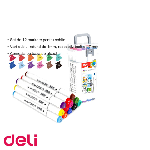 Set 12 markere sketching varf dublu Deli Color Emotion, cerneala pe baza de alcool, pentru schite si ilustratie [2]
