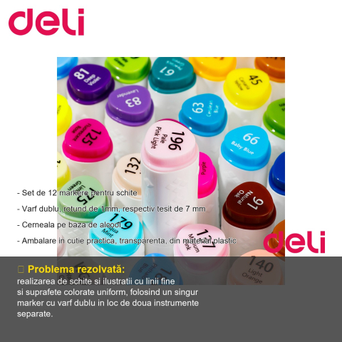 Set 12 markere sketching varf dublu Deli Color Emotion, cerneala pe baza de alcool, pentru schite si ilustratie [1]