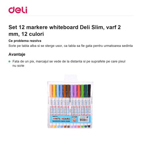 Set 12 markere whiteboard Deli Slim, varf 2 mm, 12 culori [1]