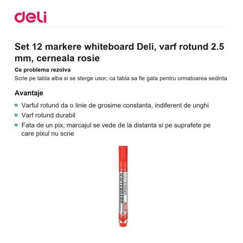 Set 12 markere whiteboard Deli, varf rotund 2.5 mm, cerneala rosie [1]
