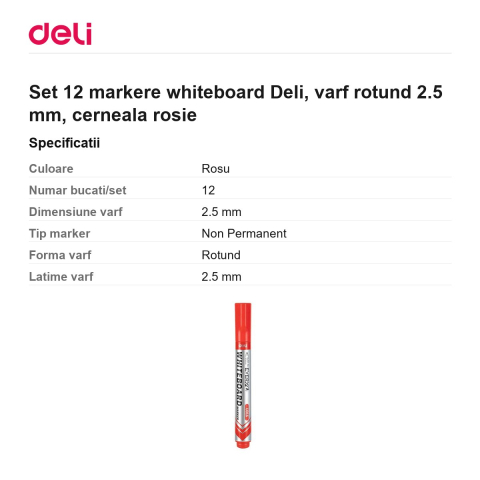 Set 12 markere whiteboard Deli, varf rotund 2.5 mm, cerneala rosie [2]