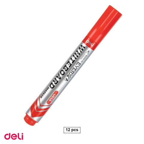 Marker pentru tabla de scris - Set 12 markere whiteboard Deli, varf rotund 2.5 mm, cerneala rosie