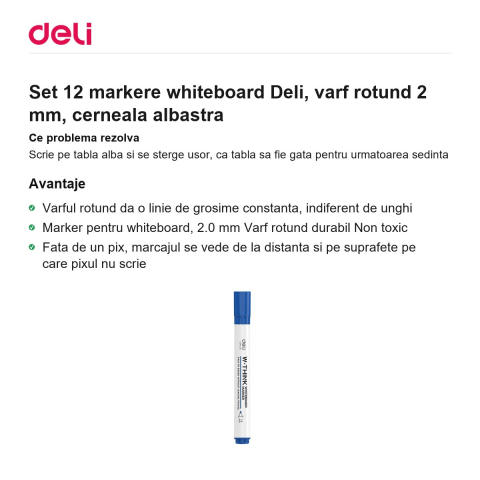 Set 12 markere whiteboard Deli, varf rotund 2 mm, cerneala albastra [1]